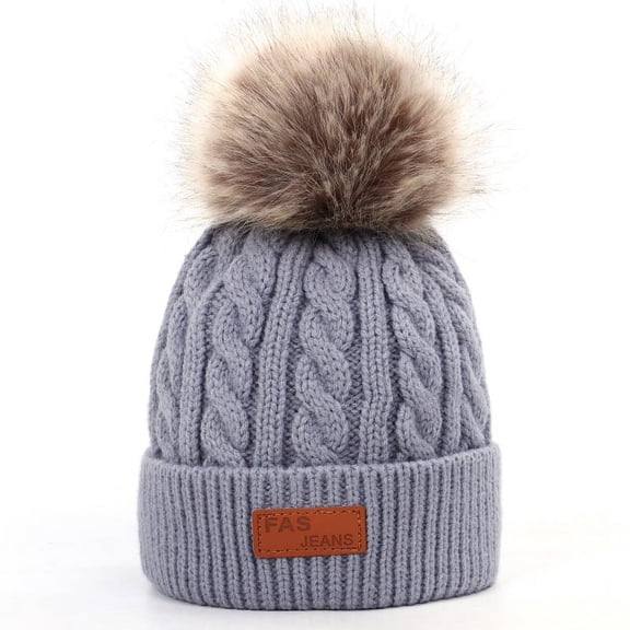 Kid Beanie Hats Lining Pom Pom for Children -Slouchy Cable Knit Toddler Skull Hat Baby Ski Cap for Girls Boys Grey