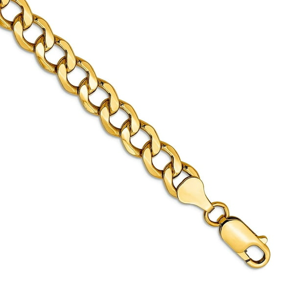 14k Yellow Gold Hollow Polished Lobster Claw Closure 7.0mm Semi-solid Curb Link Chain Bracelet 9 Inch Link Bracelet for