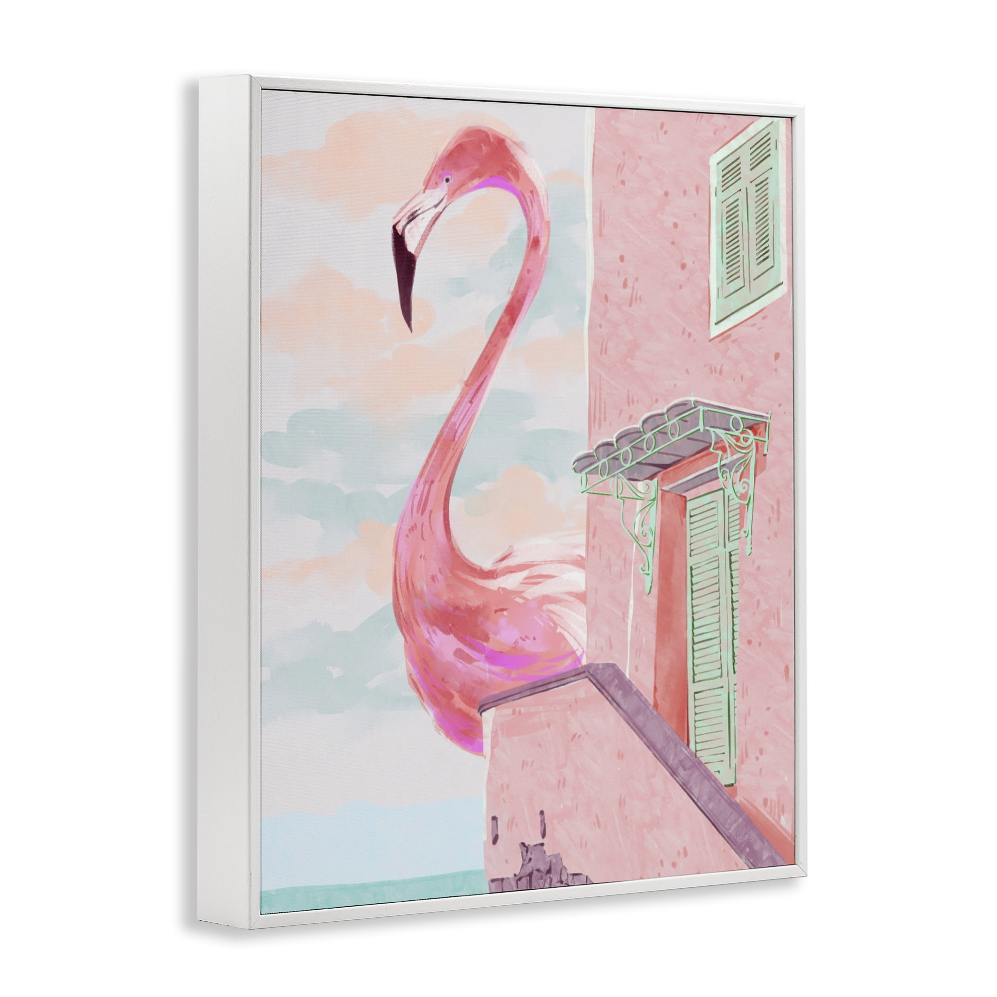 Stupell Industries Giant Flamingo with Seaside Balcony White Framed Giclee Art, design by Ziwei Li