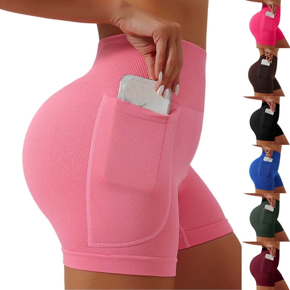 Women’s High Waisted Workout Shorts with Pockets Tummy Control Seamless Yoga Biker Shorts for Running Gym Fitness Casual Activewear