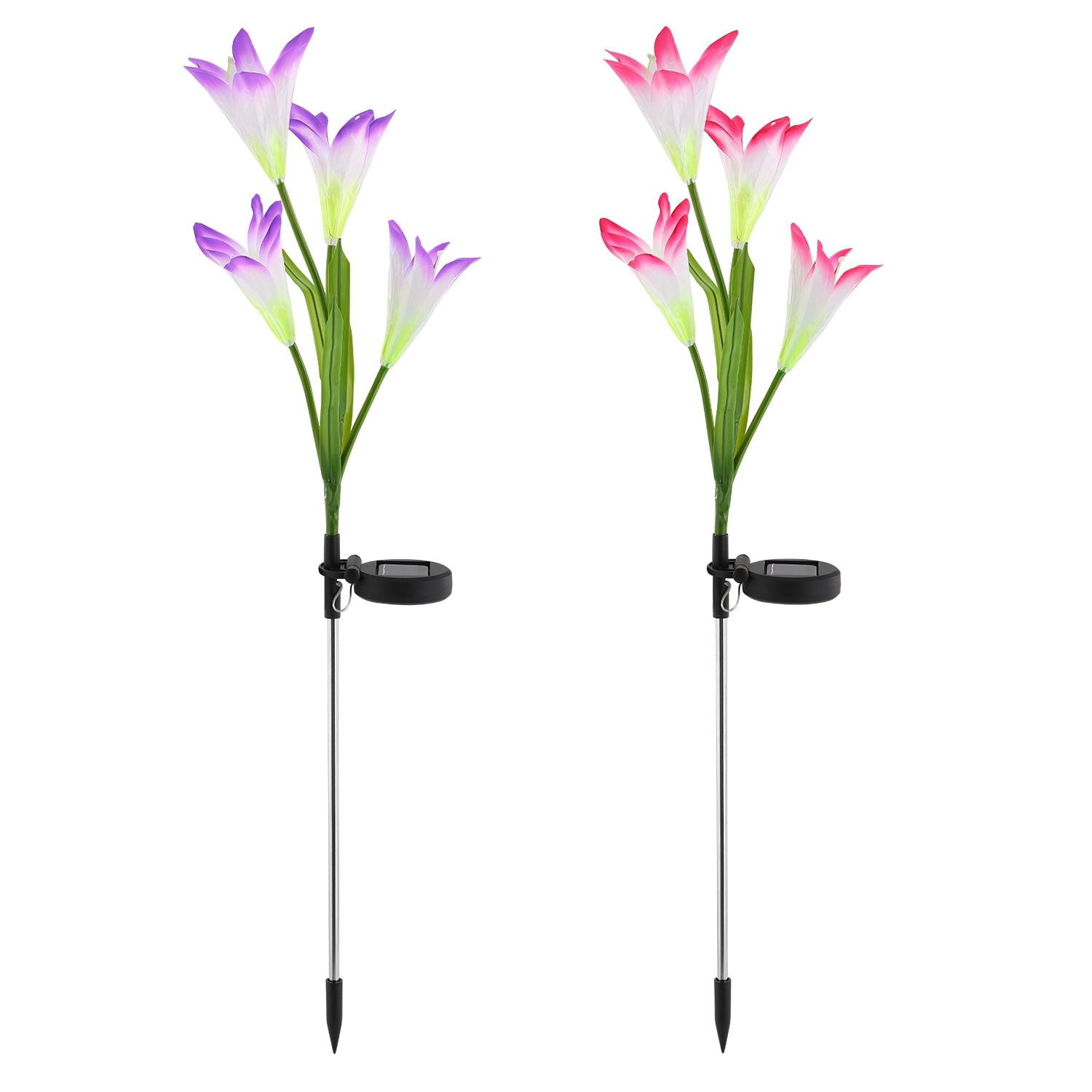 2-Pack Solar Lily Flower Garden Lights with 7-Color Changing LEDs, IP65 Waterproof, Adjustable Stems, Auto On/Off for Pathway Garden Yard Decor