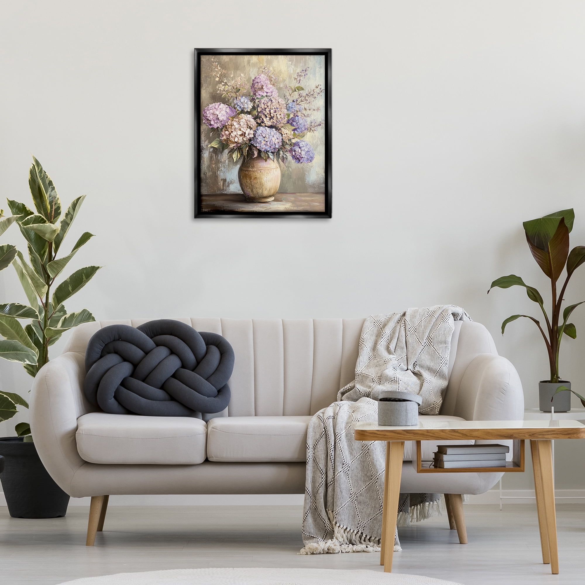 Stupell Industries Purple Hydrangea Pottery Plants & Flowers Painting Black Floater Framed Canvas Art Print Wall Art, 25 x 31