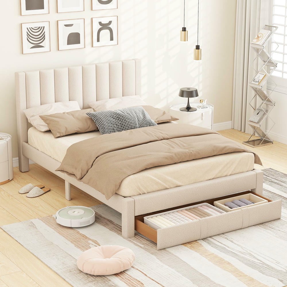 Barara King Queen Size Bedroom Bed Frame with Storage Drawer and Vertical Channel Headboard, Bed Platform Frame for Bedroom, Apartment, Beige