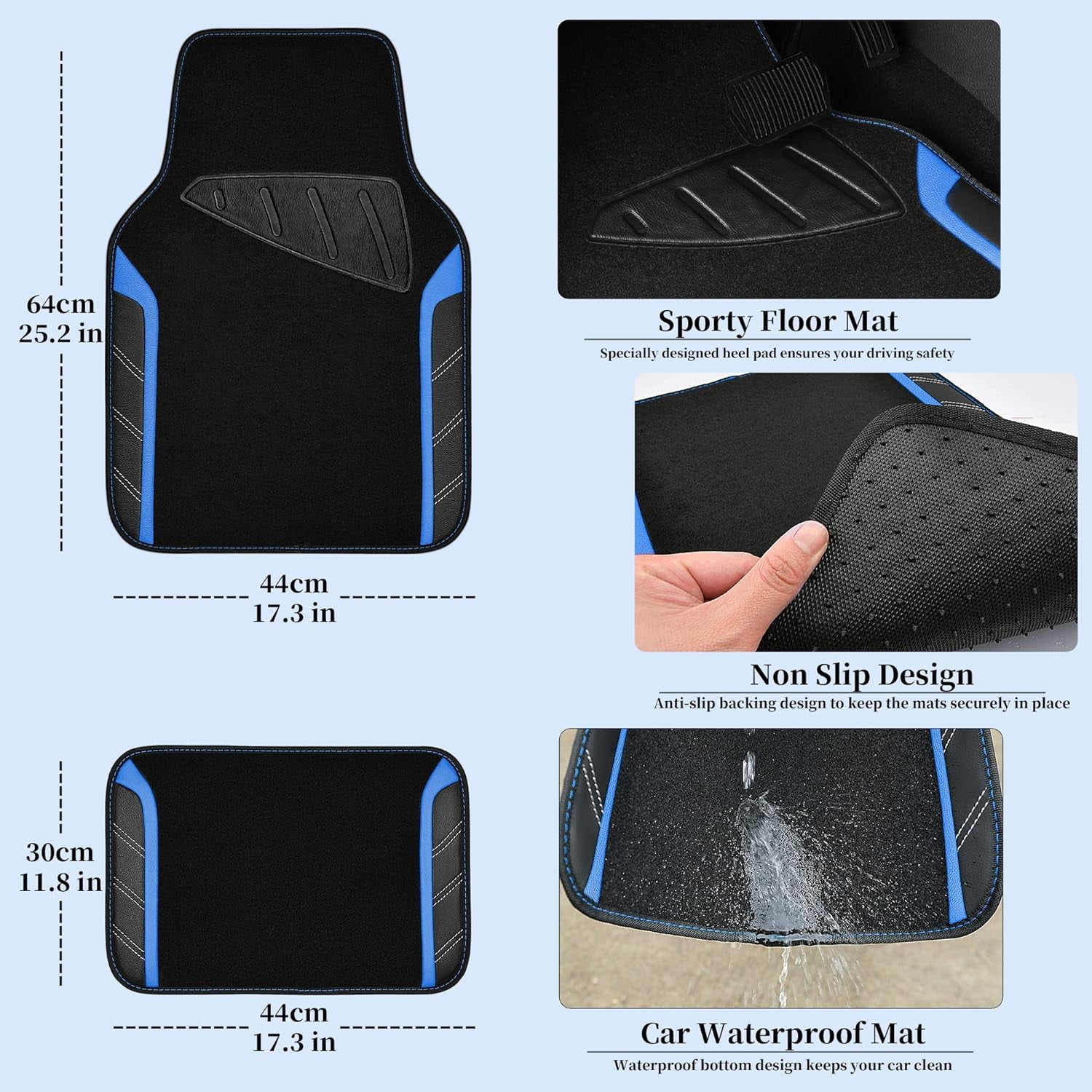 CAR GRAND Leather Steering Wheel Cover and Waterproof Car Floor Mats,Microfiber Universal Car Combo Fit for 95% Sedan,SUV,Cars,14.5-15inch Sporty Anti-Slip Safety Comfortable Design(Black＆Blue)