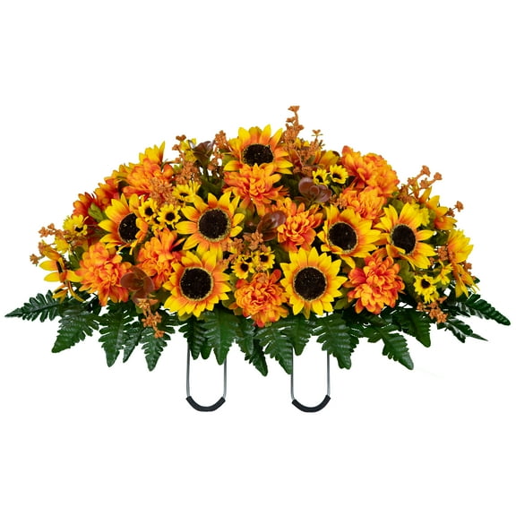 Sympathy Silks Artificial Fall Cemetery Flowers Yellow Sunflower and Amber Mum Saddle for Headstone