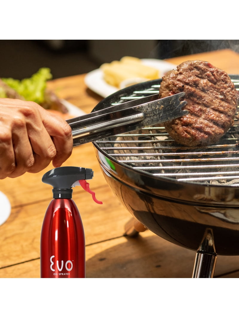 Evo Oil Sprayer Bottle, Non-Aerosol for Olive Oil and Cooking Oils, 18/8 Stainless Steel, 16-ounce Capacity, Red