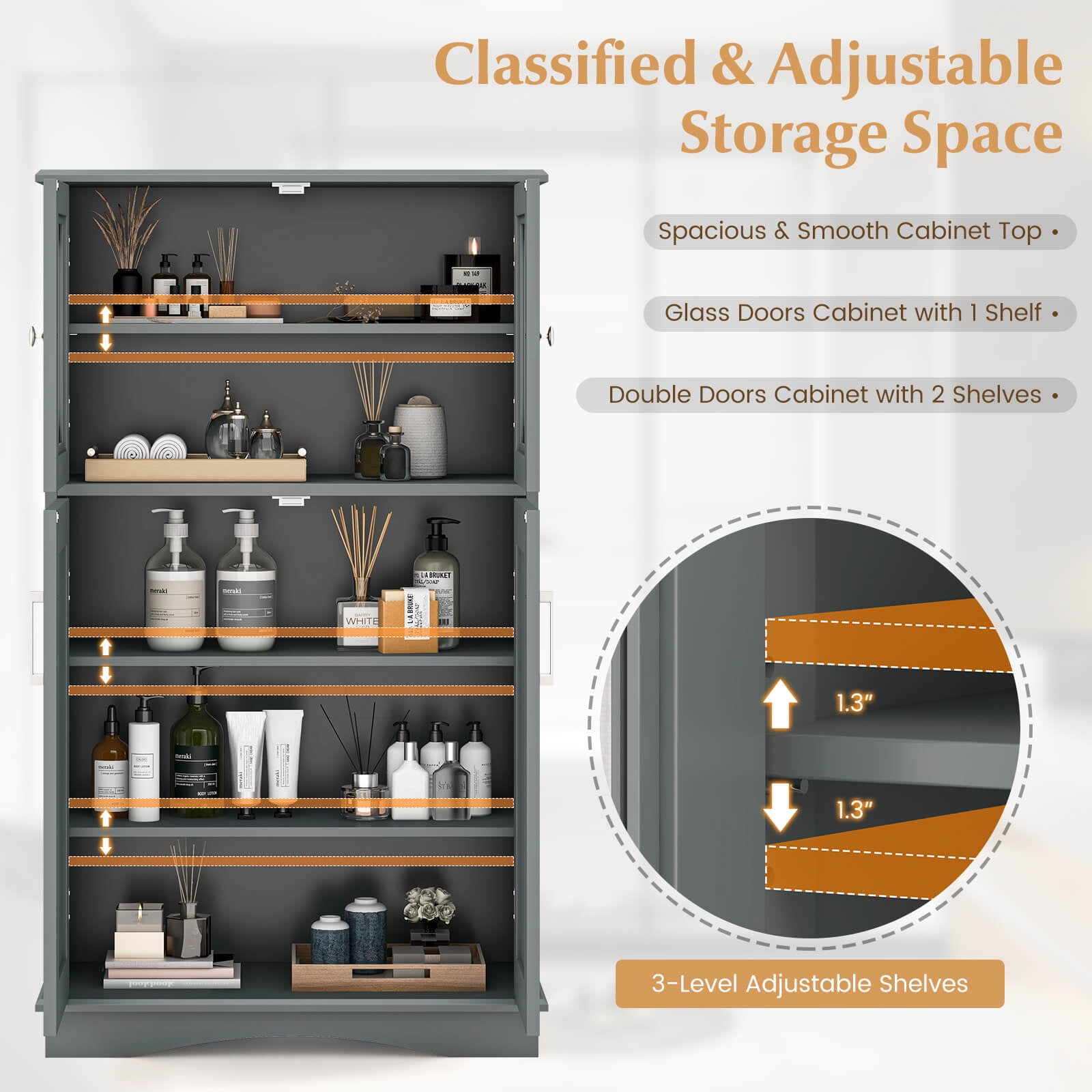 Costway Bathroom Storage Cabinet Linen Storage Cabinet with Doors and Adjustable Shelves Grey