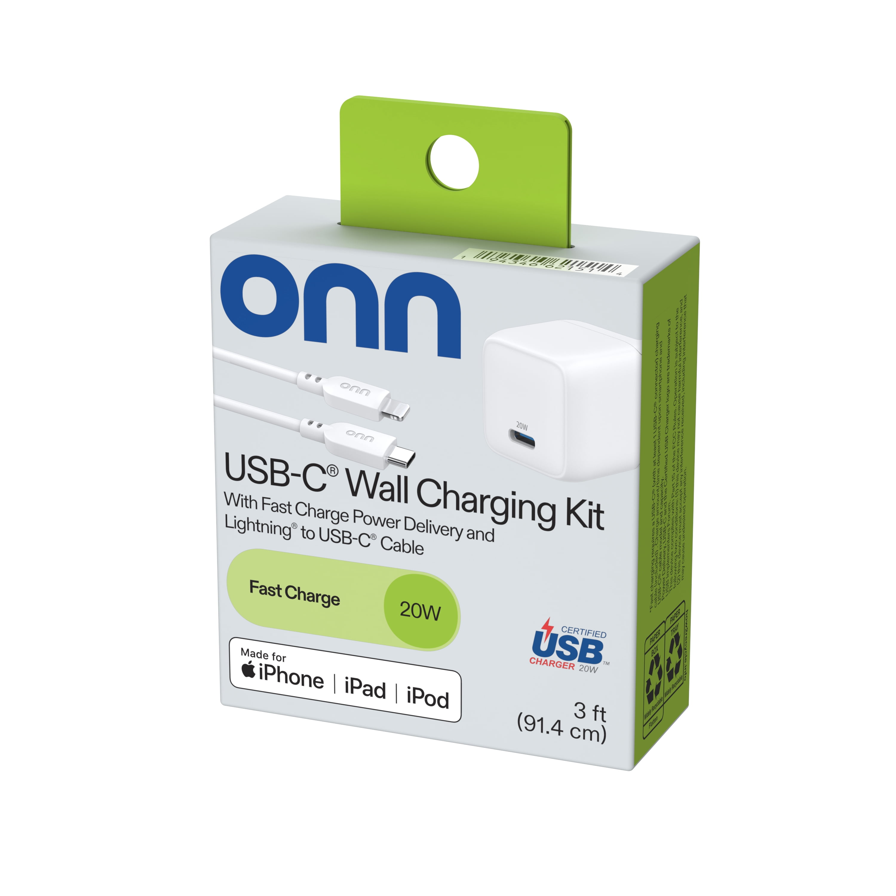 (5 pack) onn 20W Single USB-C Port Wall Charger with 3ft Lighting to C Cable, Fast Charging, MFI & USB-IF Certified, Foldable Plug, White