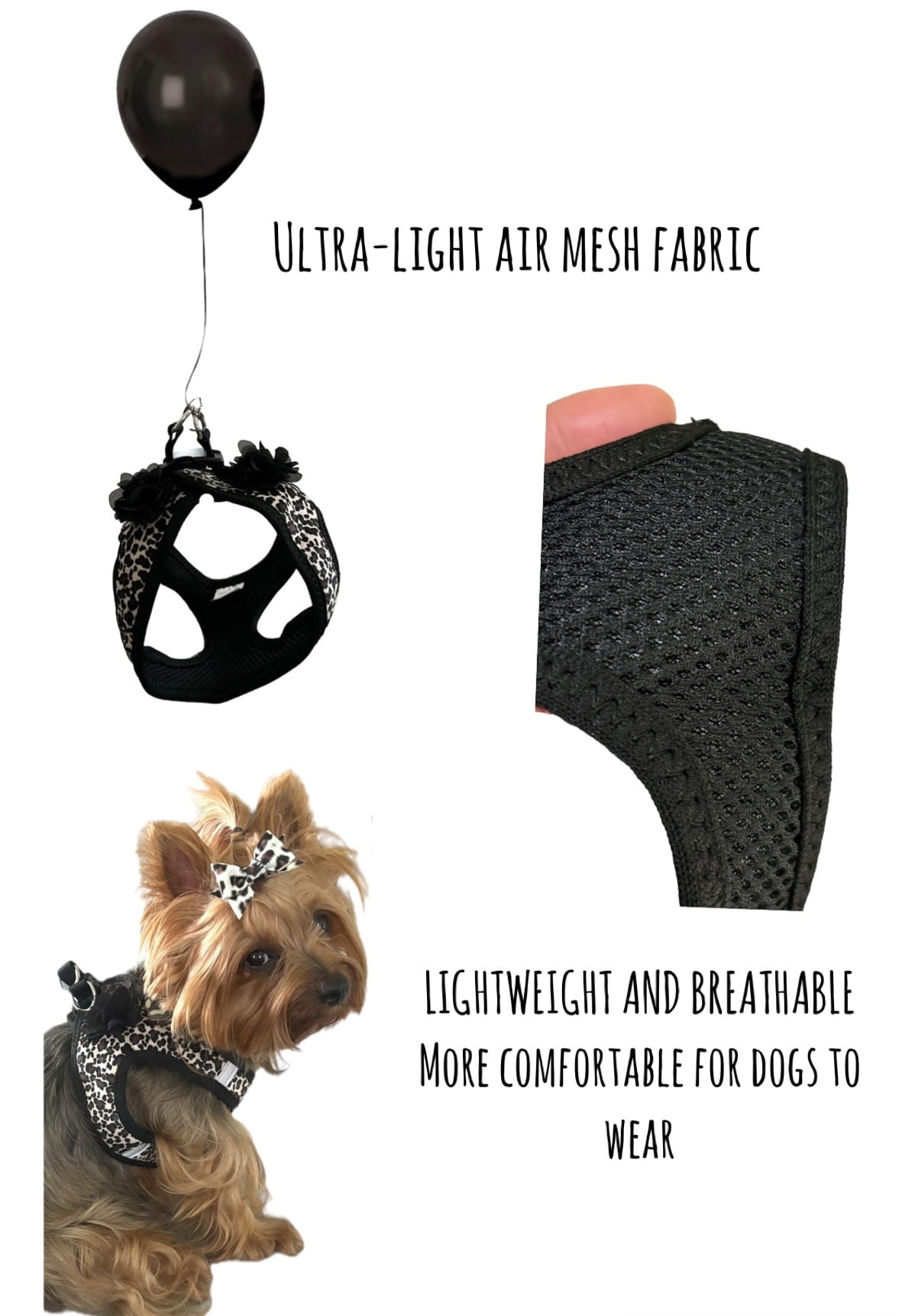 Harness + Collar + Bow for Dogs adjustable Animal Print with flowers Size “S” , Set