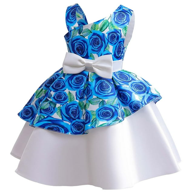 EGNMCR Robe pour Enfants, Robe Mi-Mollet Sans Manches à Col Rond pour Tout-Petites Filles en Satin avec Nœud et Décoration de Fleurs, Robe de Fête d'Anniversaire, Longues Robes, Robe pour Fille