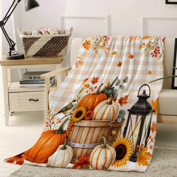 Throw Blanket Fleece Throw Blanket 30x40in, Thanksgiving Autumn Pumpkins Soft Lightweight Bed Blankets Maple Leaves Plaid Background Fuzzy Couch Blankets for All Season