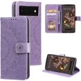 thumbnail image 6 of Case for Google Pixel 6 Pro, Premium Leather Flip Wallet Case with Card Slots Holder Kickstand Hand Strap Mandala Half Flower Design Embossed Shockproof Cover Case - Purple, 6 of 6