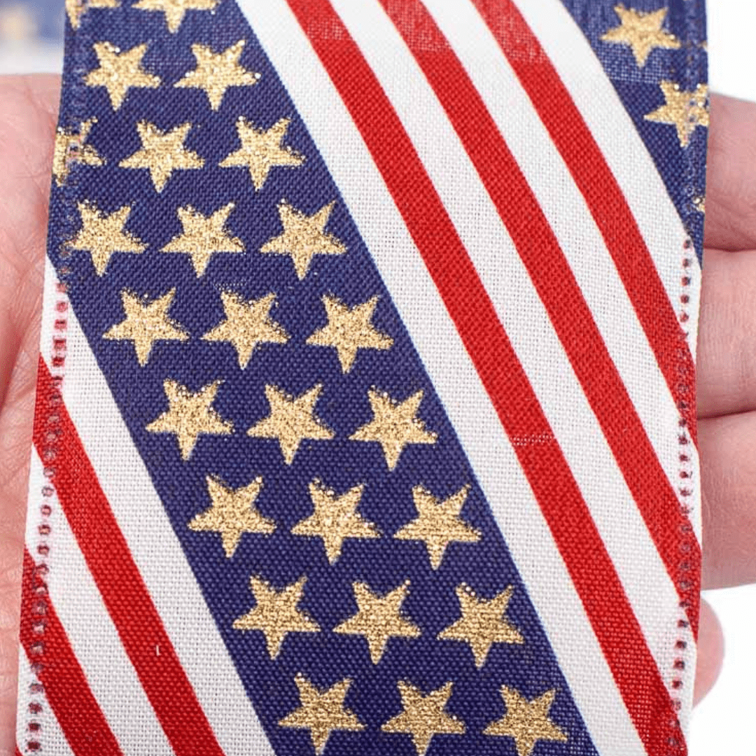 Red, White and Blue Glitter Stars and Stripes Wired Edge Ribbon