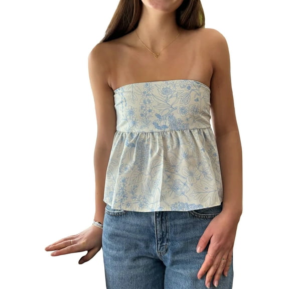Rdhnmea Women Y2k Strapless Floral Tube Tops Fairy Tie Backless Bandeau Vest Flowy Tank Top Cute Going Out Tops Streetwear