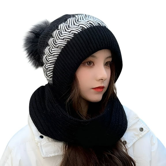 TELOLY Womens Beanie and Scarf Set for Girls Warm Knit Winter Ski Hat with Fleece Lined,Elastic Warm Conjoined Ear Protection Knitted Hat,Winter Beanie Hat Scarf