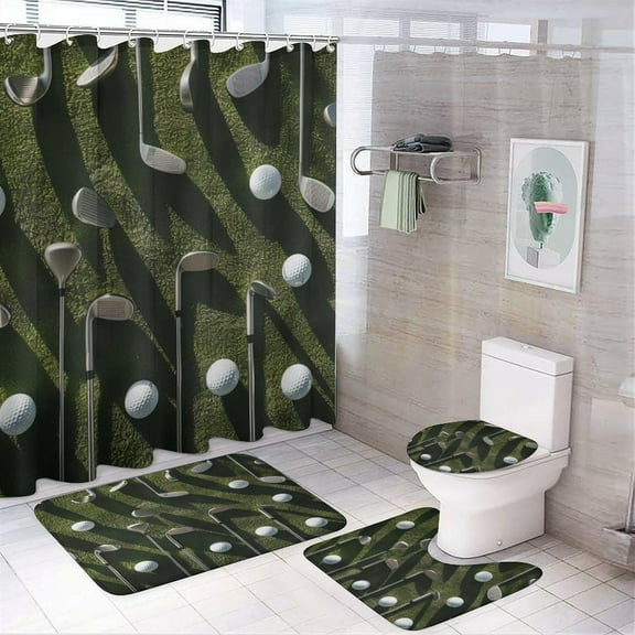 4Pcs Classic Golf Sport Shower Curtain Sets Bathroom Decor, Modern Casual Competition Shower Curtain with Non Slip Rug, Toilet Lid Cover, Bath Mat and 12 Hooks 72W x 72L