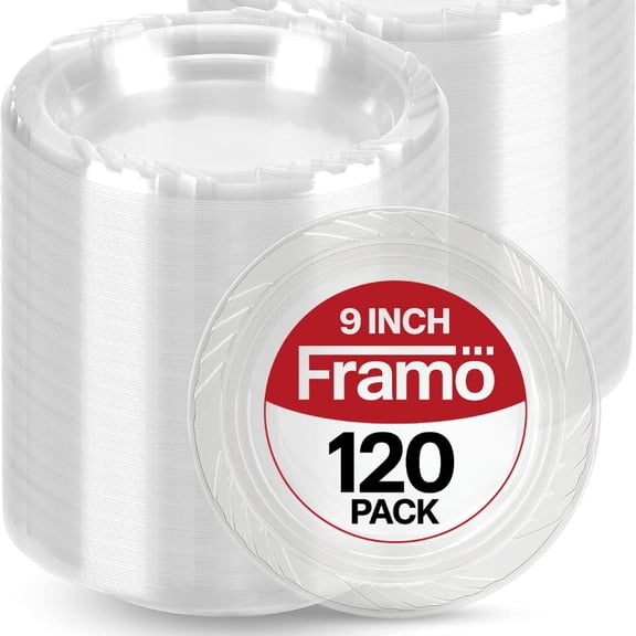 9 Inch Disposable Clear Plastic Plates In Bulk By Framo for Party and Dinner,And For Any Occasion, Microwaveable, BBQ, Travel, and Events (9 Inch 120 pack) C113