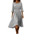 thumbnail image 2 of Karymi Easter Dress Round Neck Fake Cotton Linen Midi Dress, 3/4 Rolled Sleeve Solid High Waist A-Line Dress with Back Zipper, Flowy Swing Dress Plus Size Dresses, 2 of 7
