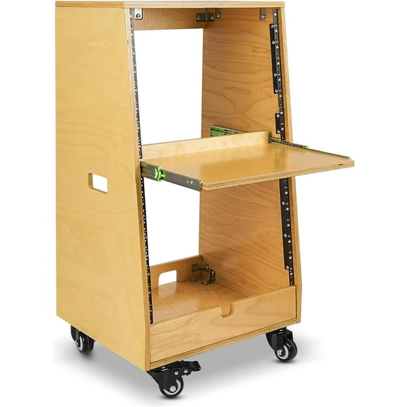 Sound Town DIY Slanted 16U Studio Rack (8U Top   8U Lower), with 2U Bottom Storage, Slide-Out Tray, Caster, Plywood, Golden Oak For Recording Room, Home Studio (SDRK-ST16T)