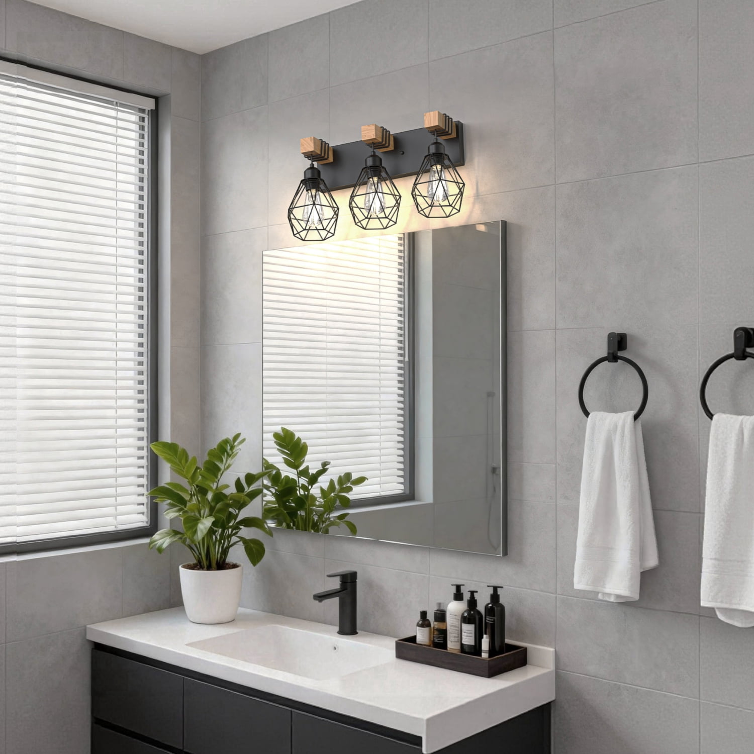 YANSUN 20.9 in 3-Light Industrial Cage Vanity Light, Black Metal and Wood Wall Sconce for Bathroom and Hallway(Bulbs Not Included)