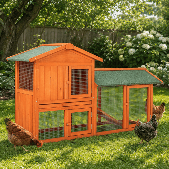 Outdoor Chicken Coop, Small Indoor Chicken Run Wooden Duck Coop, 2-Tier Pet House with Ladder & Waterproof Roof, 56" Rabbit Hutch Poultry Cage with Pull-Out Tray