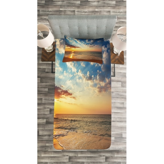 Ambesonne Scenery Quilted Bedspread Set 2 Pcs, Sea Honeymoon Travel, Twin Size, Blue Yellow Brown