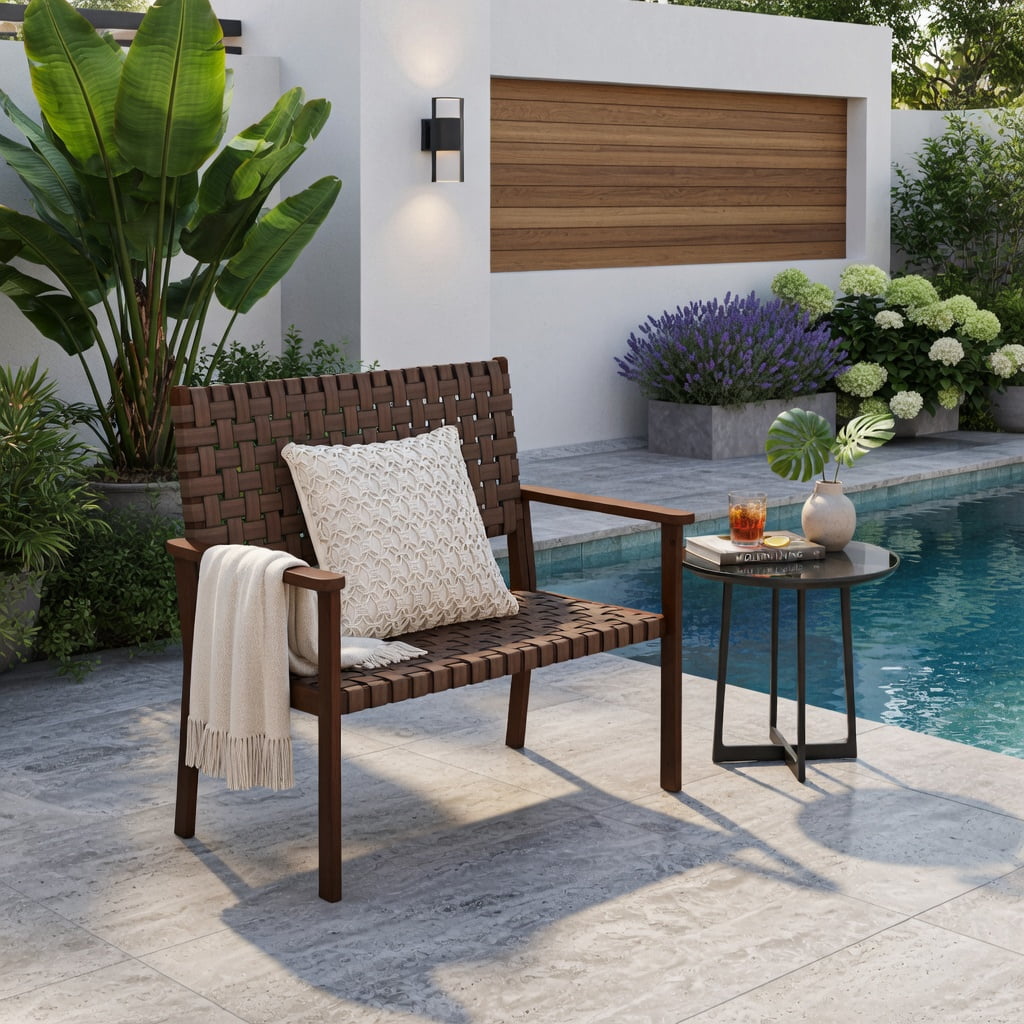 Hommoo All-Weather Outdoor Bench, Hand-Woven PU Leather Seat, Solid Rubber Wood Frame, Natural
