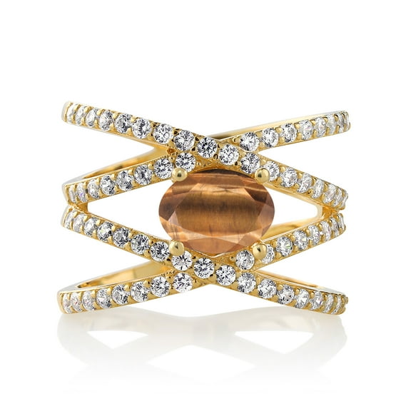 Gem Stone King 2.18 Ct Oval Brown Tiger Eye 18K Yellow Gold Plated Silver Ring (Size 6)