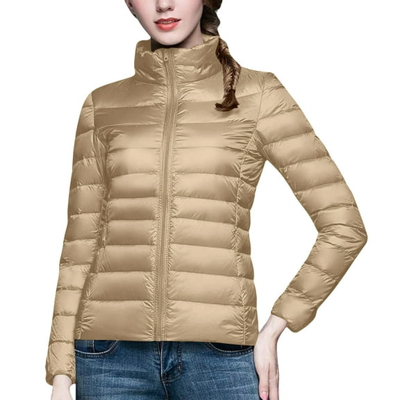 Ahabrexf Winter Coats for Women Women's Puffer Jacket Long Sleeve Stand Collar Zip Up Quilted Down Coat Winter with Pockets Jackets for Women Jackets for Women
