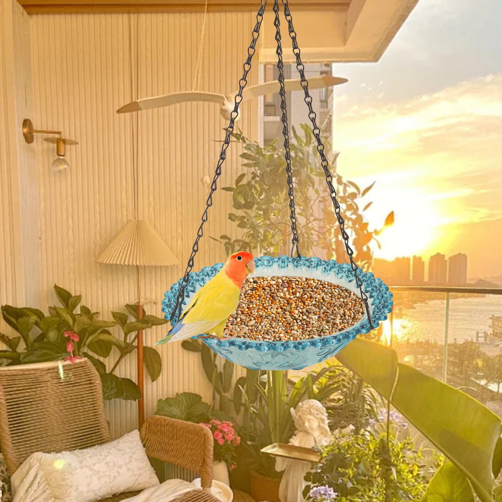 Hanging Glass Bird Bath - Outdoor Drinking Feeder for Hummingbirds and Wild Birds - Water Bowl for Garden, Yard, Patio Decor, Blue single layer