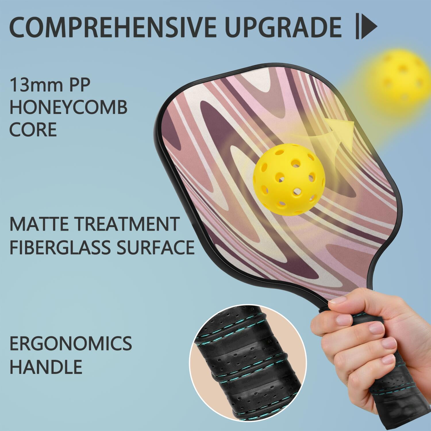Pickleball Paddles Set Of 1, Fiberglass Surface, Liquid & Marble Print, 1 Paddles, 2 Balls & Bag
