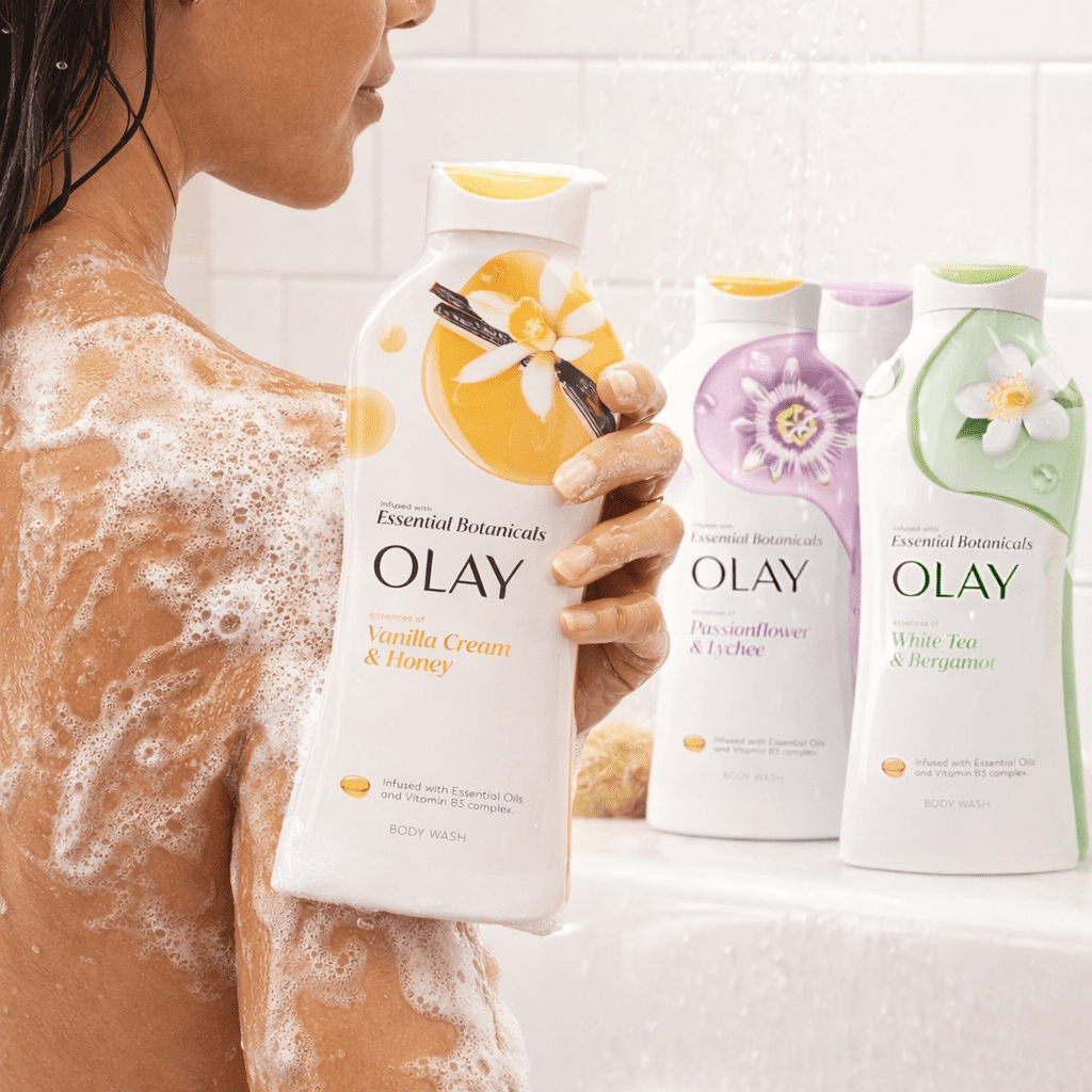 Olay Essential Botanicals Body Wash Variety Pack, Vanilla Cream & Honey, Passionflower & Lychee, White Tea & Bergamot, 23.6 fl oz Each, 3 Pack