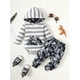 thumbnail image 3 of Mikrdoo 3 Months Newborn Baby Boys Outfits Fall Winter 6 Months Boys Pants Sets Stripe Pocket Long Sleeve Hoodies Romper Top Elastic Camouflage Pants 2Pcs Clothing From 0-18M, 3 of 9
