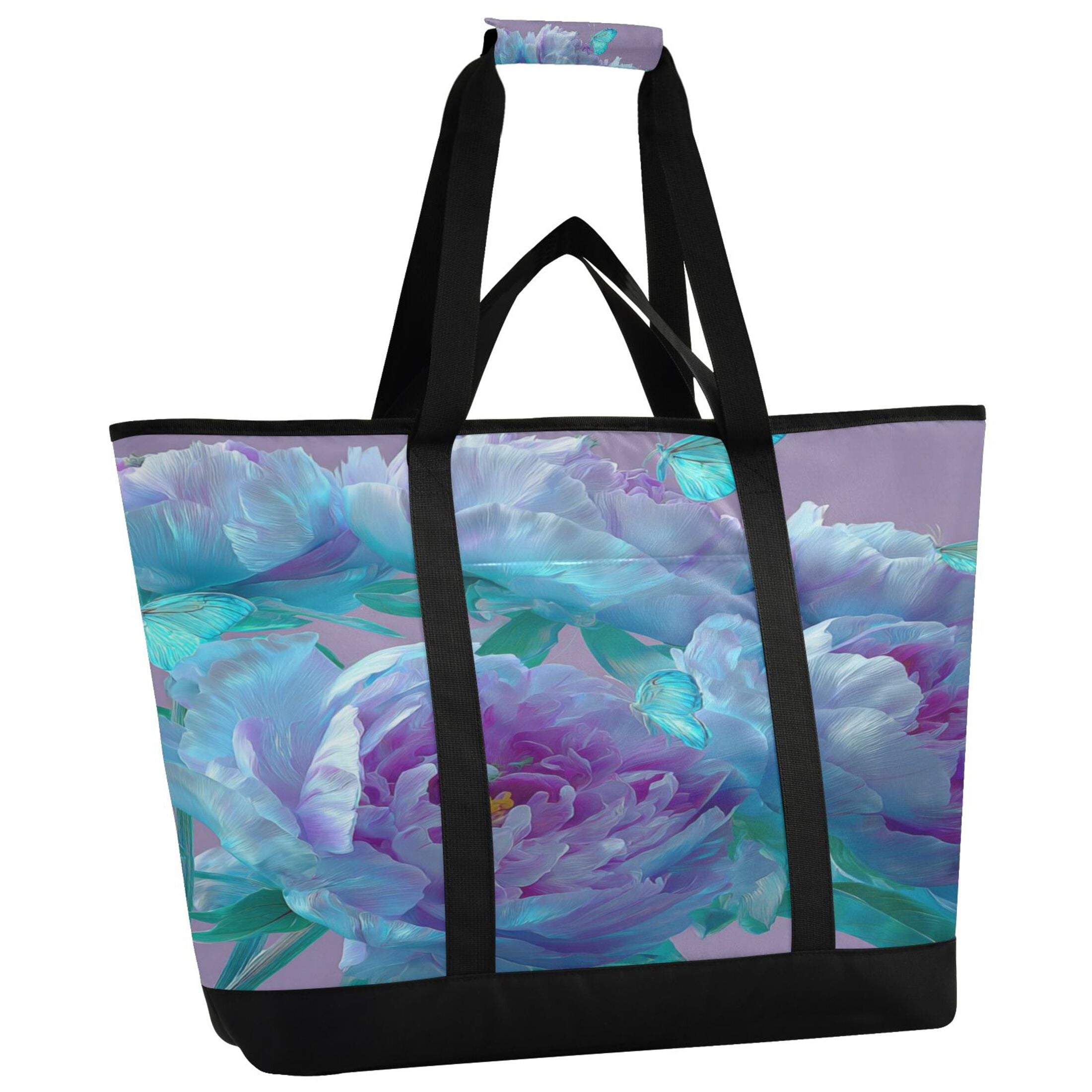 Large Hand-held Ice Pack Picnic Bag Insulation and Refrigeration Suitable for Shopping Picnics and Camping Purple Flower Butterfly