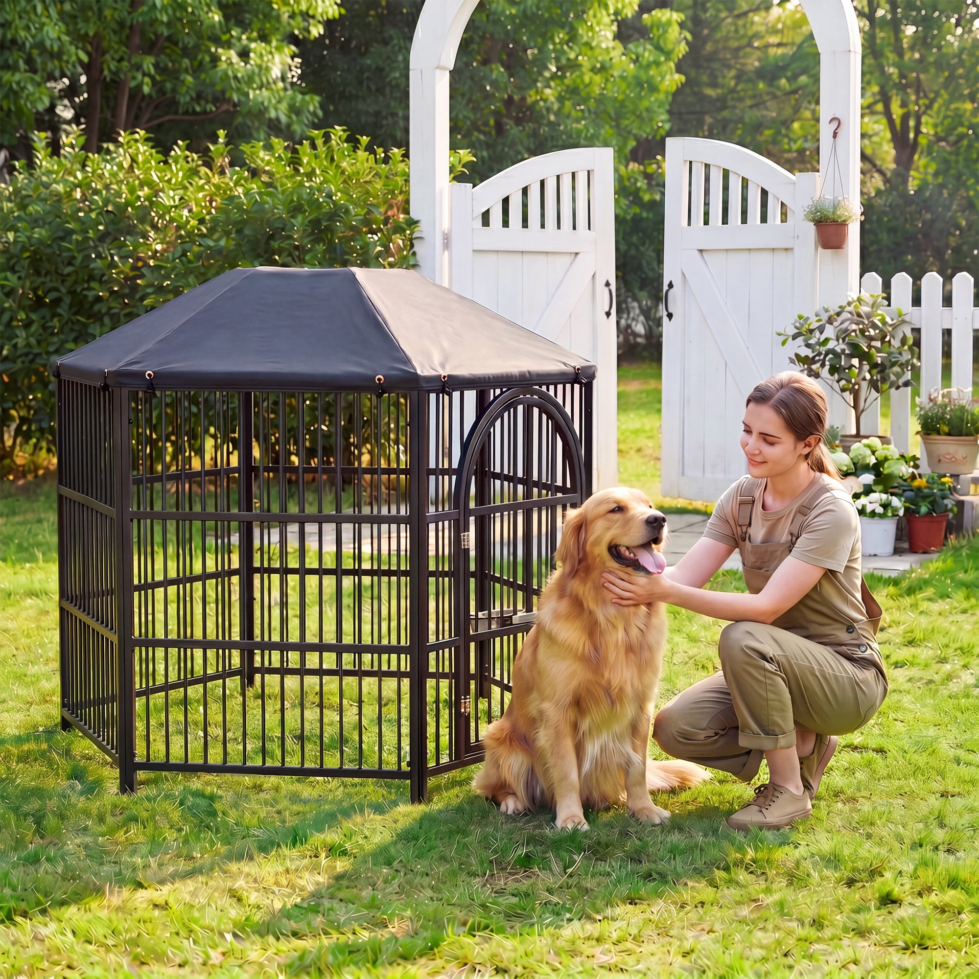 Okeysen 50 inch Hexagon Outdoor Large Dog Kennel with All-Weather Cover, Heavy-Duty Steel Frame, 5 Ground Anchors & Adjustable Bowl Stand