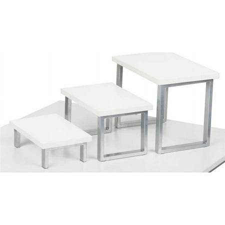 

Nesting Retail Table Risers in Small Medium and Large Sold in Steel and Laminated MDF Construction - White Finish Silver Base (NSTPC3RSGW)