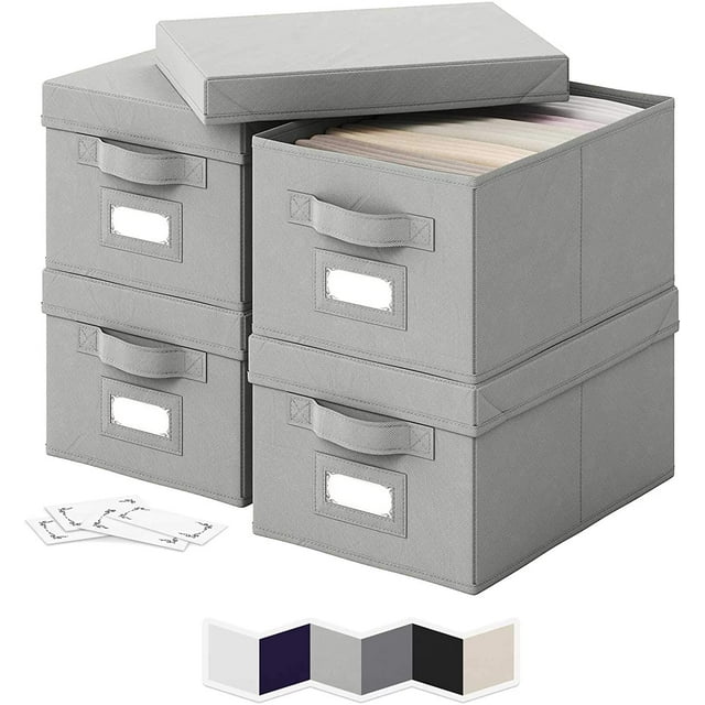 4 Small Storage Bins - Storage Bins with Lids Handles and Label Slot - Closet Shelf Storage Baskets - Toy Boxes for Kids - Storage Boxes for Office Containers for Organizing - (Light Grey)
