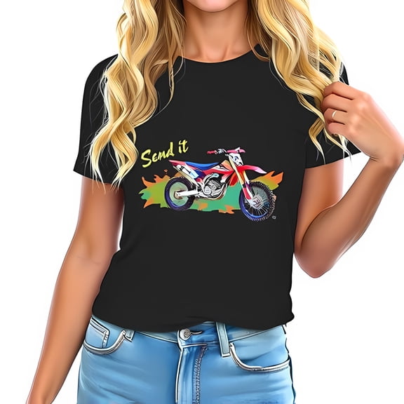 Stylish Cotton Short Sleeve T-Shirt with Colorful Dirt Bike Graphic & 'Send It' Phrase - Perfect for Motocross Fans