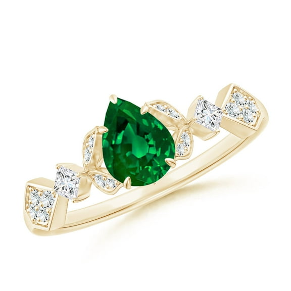 ANGARA Lab Grown Vintage Style Pear Emerald Engagement Ring with Leaf Motifs for Women in 14K Yellow Gold (Size-7x5mm) | May Birthstone Jewelry for Her | Lab-Grown Emerald Engagement Ring