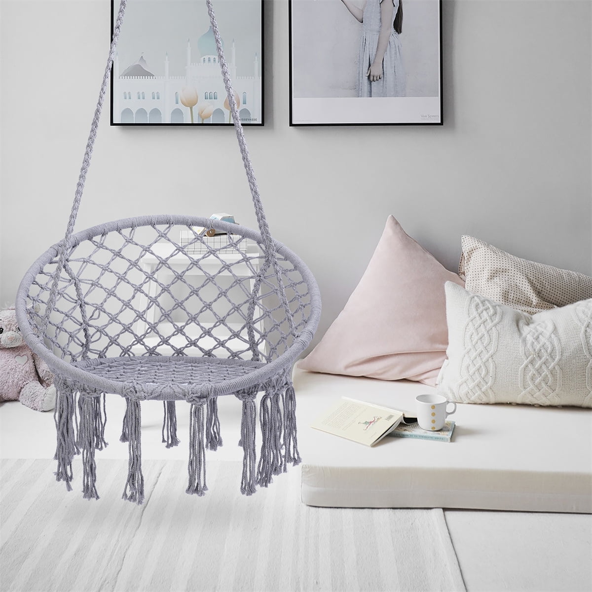 Hammock Chair Macrame Swing with Cushion & Hanging Hardware Kits Rope Gray 