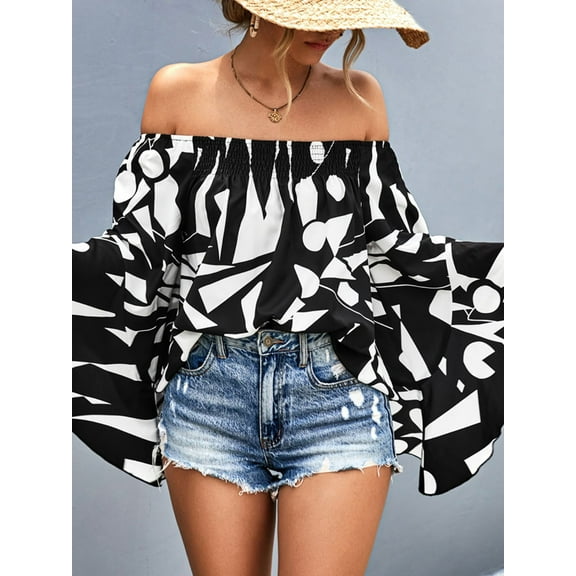Printed Off-Shoulder Bell Sleeve Blouse