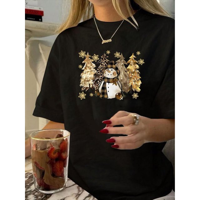 1pc Vintage Style Women'S T-Shirt, Geometric Snowman Print, Polyester Knit Fabric, Crew Neck, Short Sleeve, Regular Length, Summer Casual Top