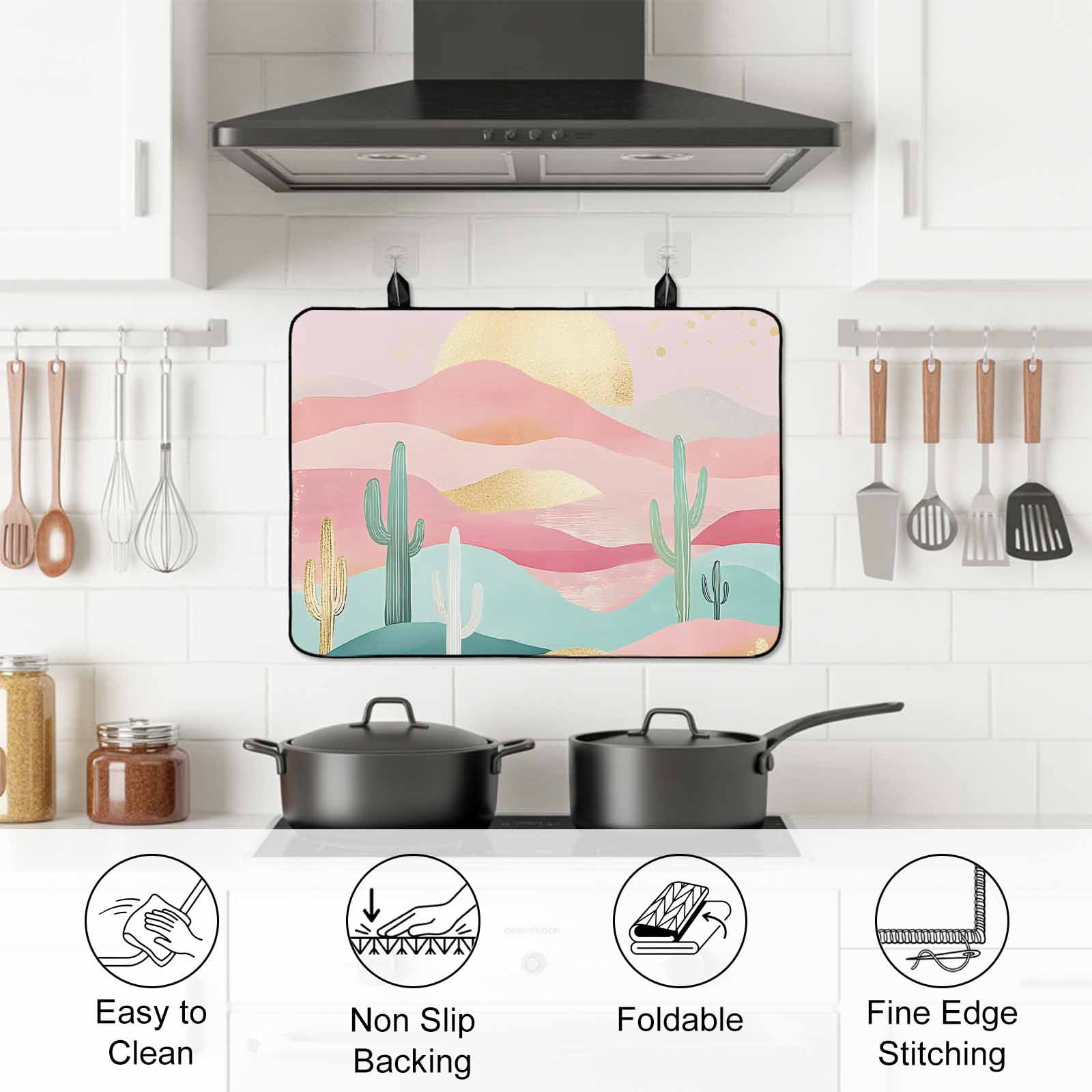 South West Boho Stove Top Cover for Electric Stove, Heat-proof & Non Slip Glass Top Stove Cover Protector, Abstract Pink Gold Mountains Cactus Kitchen Flat Cooktop Rubber Mat 24x21 Inches