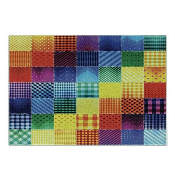Abstract Cutting Board, Rainbow Colored Square Shaped Diverse Patterns Diagonal Forms Geometric, Decorative Tempered Glass Cutting and Serving Board, Small Size, Multicolor, by Ambesonne