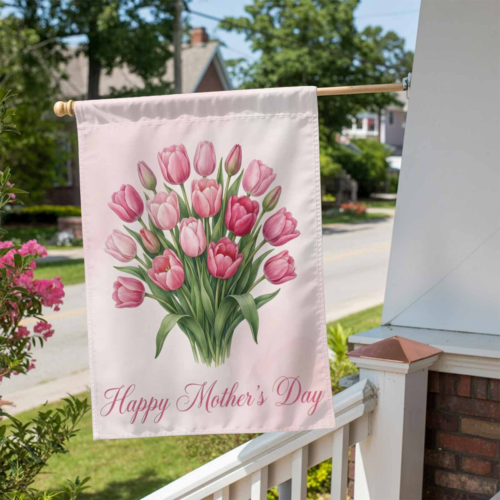 Mother's Day House Flag 28 x 40 Inches, Pink Tulips Watercolor Flower Weather Proof Outdoor Patio Flags Double Sided Small House Decoration for Yard Lawn Outside Home