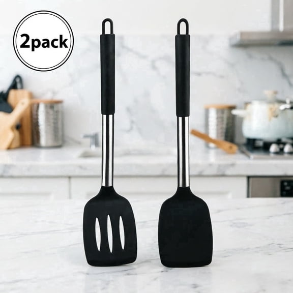 Pack of 2 Silicone Solid Turner, Non Stick Slotted Kitchen Spatulas, High Heat Resistant BPA Free Cooking Utensils, Ideal Cookware for Fish, Eggs, Pancakes(Black)