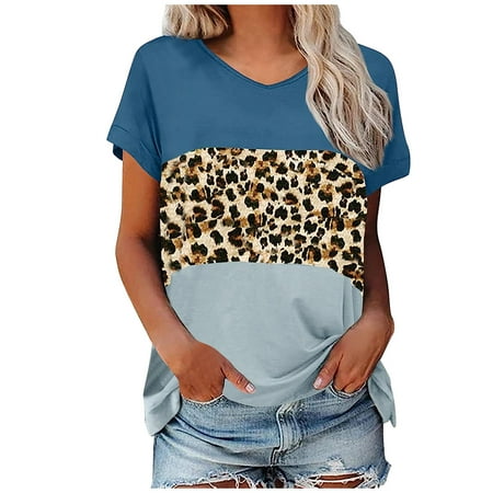 

RKZDSR Peplum Elegant Temperament Shirts Crew Neck Leopard Print Tops Oversized Regular Fit Blouses Deals Shirts Soft Scrub Tops Tees Womens Short Sleeve Tshirts Blue XXXL