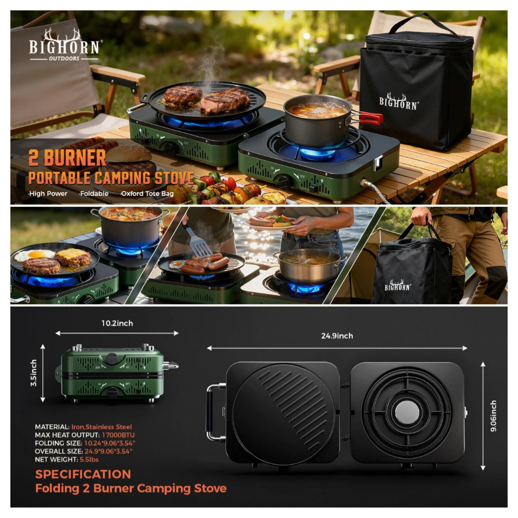 BIG HORN OUTDOORS Portable Propane Camping Stove, 2 Burner Foldable Gas Stove with Frying Pan & Carry Bag