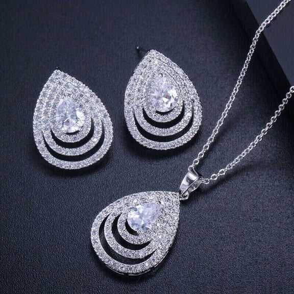 5Ct Pear Cut Simulated Diamond 14K White Gold Plated Halo Women's Earring/Necklace Set Silver