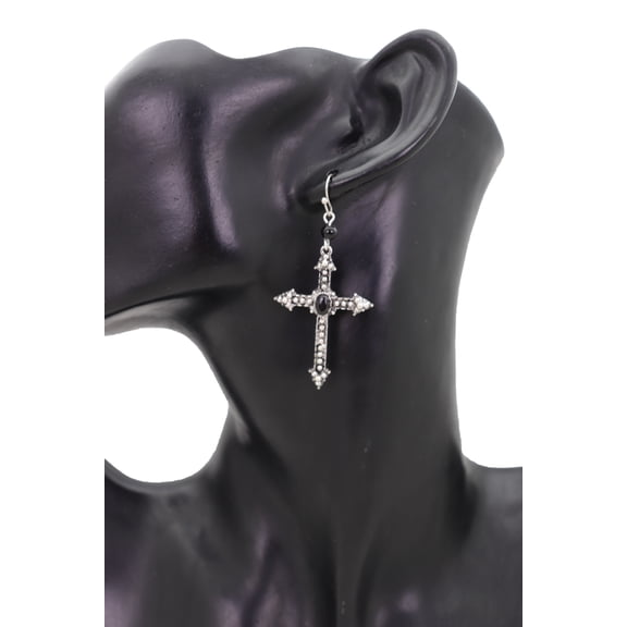 Women Earrings Religious Christian Pointy Cross Jewelry Black Beads